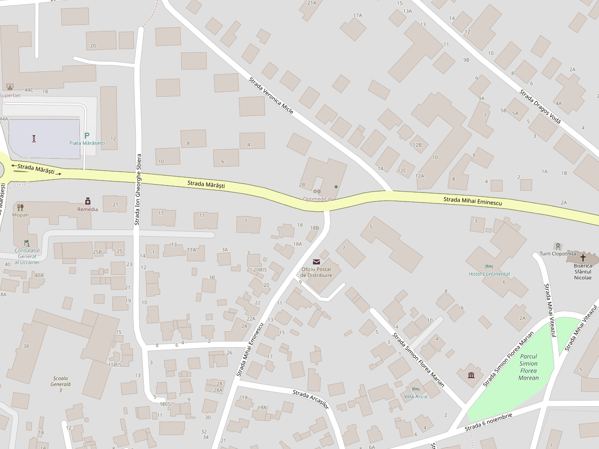 Hartă cu poziția Centrului Medical Roelda pe Str. Mărăști nr. 18, Suceava
